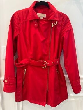 MICHAEL Michael Kors Red Belted Trench Coat with Gold Hardware